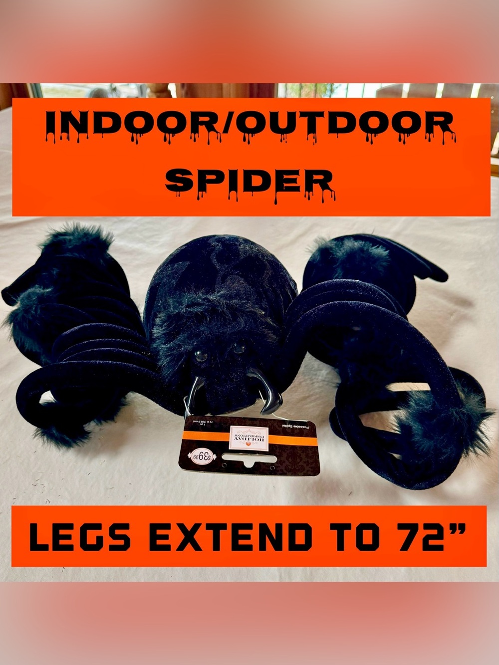 Black Spider Indoor/Outdoor Halloween Decor Legs Posable & Extendable to 72”